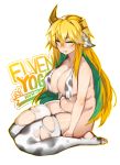 1girl absurdres animal_ears animal_print blonde_hair blush breasts broken_horn cow_ears cow_girl cow_horns cow_print elf elven_forest_maker_(last_origin) english_text flower-shaped_pupils green_eyes green_hair hair_between_eyes highres horns large_breasts last_origin looking_at_viewer multicolored_hair open_mouth pinkboy plump pointy_ears solo sweat thighhighs torn_clothes torn_legwear two-tone_hair 