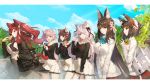  absurdres animal_ear_fluff animal_ears azur_lane blush breasts brown_eyes brown_hair cat_ears commentary_request dog_ears food fox_ears hair_ornament highres i-19_(azur_lane) kisaragi_(azur_lane) large_breasts long_hair multiple_girls mutsu_(azur_lane) mutsuki_(azur_lane) nagato_(azur_lane) nike1060 older pink_hair red_eyes red_hair school_uniform short_hair smile sweater tail twintails uzuki_(azur_lane) 