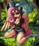  anthro big_breasts breasts bush_(disambiguation) cleavage clothed clothing equid equine eyewear female fluttershy_(mlp) friendship_is_magic goggles hi_res hoodie kneeling mammal my_little_pony outside pony-way pterippus solo topwear tree wings 