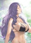  1girl absurdres bare_arms bare_shoulders bikini black_bikini breasts camilla_(fire_emblem) cleavage closed_eyes collarbone day fire_emblem fire_emblem_fates highres huge_filesize j@ck large_breasts long_hair navel outdoors paid_reward parted_lips patreon_reward pink_lips purple_hair smile stomach string_bikini swimsuit underboob upper_body very_long_hair water 