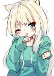  1girl animal_ears bangs blonde_hair blue_eyes blush closed_mouth drawstring eyebrows_visible_through_hair green_hoodie hamaru_(s5625t) hands_up hood hood_down hoodie long_hair long_sleeves one_eye_closed original simple_background sleeves_past_wrists solo tongue tongue_out upper_body very_long_hair white_background 