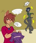  black_hair black_nose chrissy_mccloud clothing dialogue domestic_cat duo felid feline felis hair mammal mastergodai mramp mustela mustelid musteline rascals red_hair underwear webcomic 