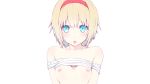  alice_margatroid aqua_eyes blonde_hair breasts headband nipples nirap no_bra shirt_lift short_hair touhou white 