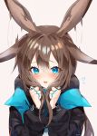  1girl amiya_(arknights) animal_ears arknights blue_eyes blush brown_hair bunny_ears commentary_request flapping_ears highres hoerutarou jacket long_hair long_sleeves looking_at_viewer multiple_rings open_mouth solo thumb_ring upper_body 