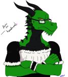  &lt;3 2020 amber_eyes anthro beard black_body black_scales blush bracelet clothed clothing crossdressing crossed_arms dragon embarrassed english_text eyewear facial_hair glasses green_body green_scales hi_res horn inbali jewelry maid_uniform male reptile scales scalie solo spikes stripes text uniform zaeryn 