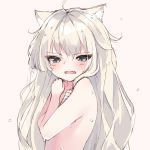  1girl ahoge animal_ear_fluff animal_ears bangs blue_eyes blush brown_background cat_ears covering covering_chest crossed_arms eyebrows_visible_through_hair fang grey_hair hair_between_eyes half-closed_eyes hamaru_(s5625t) highres long_hair nude open_mouth original simple_background solo upper_body very_long_hair wet 