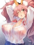  1girl animal_ear_fluff animal_ears arms_up breasts fate/extra fate_(series) fox_ears fox_tail highres kuronyan large_breasts long_hair long_sleeves looking_at_viewer no_bra one_eye_closed open_mouth pink_hair see-through shirt solo tail tamamo_(fate)_(all) tamamo_no_mae_(fate) upper_body wet white_shirt yellow_eyes 