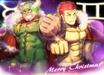  2boys abs bara beard blue_eyes bulge cape character_request chest clenched_hand collar dark_skin facial_hair green_eyes grin looking_at_viewer male_focus mask multiple_boys muscle nipples pectorals pointy_ears smile taurus_mask teeth tokyo_houkago_summoners waku_(ayamix) wrestling_outfit 