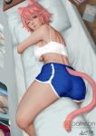  1girl animal_ears ariverkao blush body_pillow breasts brown_eyes camisole cat_ears cat_tail dated indoors large_breasts looking_at_viewer lying on_side one_eye_closed original patreon_logo pillow pillow_hug pink_hair short_hair shorts signature smile solo tail underboob 