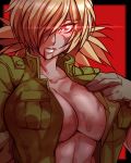  1girl absurdres blonde_hair blood blood_from_mouth breasts cleavage cleavage_reach glowing glowing_eye hair_over_one_eye hellsing highres jacket military military_uniform nisego no_bra open_clothes open_jacket red_eyes seras_victoria short_hair solo uniform 