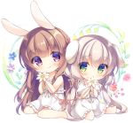  2girls animal_ears bangs bare_arms bare_shoulders barefoot blue_flower blush braid brown_eyes brown_hair bunny_ears chibi closed_mouth collarbone commentary covered_mouth dog_ears dress eyebrows_visible_through_hair floral_background flower frilled_dress frills green_eyes grey_hair hair_between_eyes hair_ribbon holding holding_flower long_hair multiple_girls original pink_ribbon puffy_short_sleeves puffy_sleeves purple_flower red_flower ribbon short_sleeves sitting sleeveless sleeveless_dress smile symbol_commentary twintails very_long_hair wariza white_background white_dress white_flower white_ribbon yukie_(peach_candy) 