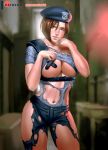 1girl 3d_background bandaid bandaids_on_nipples beret blue_eyes breasts brown_hair cleavage dissolving_clothes finger_in_mouth hat indoors jill_valentine large_breasts lifted_by_self navel no_bra nose pants pasties rejean_dubois resident_evil resident_evil_1 shirt_lift short_hair short_sleeves shoulder_pads solo torn_clothes torn_pants underboob 