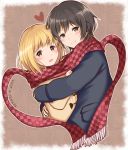  2girls arms_around_back asagao_to_kase-san bangs black_hair blonde_hair blush coat couple eyebrows_visible_through_hair fringe_trim heart hug kase_tomoka looking_at_viewer multiple_girls open_mouth scarf shared_scarf short_hair simple_background smile yakata_mana yamada_yui yellow_eyes yuri 