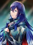  1girl ameno_(a_meno0) armor blue_eyes blue_gloves blue_hair blue_shirt bodysuit breasts cape commentary_request eyelashes fingerless_gloves fire_emblem fire_emblem_awakening gloves gold_trim hair_between_eyes hands_together long_hair looking_to_the_side lucina_(fire_emblem) parted_lips shiny shiny_hair shirt shoulder_armor sidelocks sleeve_cuffs small_breasts solo tiara upper_body 