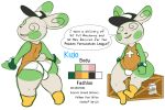  2019 anthro biped bulge butt character_name cheek_spots clothing color_swatch crate dialogue digital_media_(artwork) english_text front_view full-length_portrait green_body hat headgear headwear hi_res jewelry kujo_(softestpuffss) male model_sheet multicolored_body nintendo open_mouth orange_clothing orange_shirt orange_topwear pok&eacute;mon pok&eacute;mon_(species) portrait rear_view shiny_pok&eacute;mon shirt simple_background sitting smile softestpuffss solo spinda tan_body tank_top text thick_thighs topwear two_tone_body underwear video_games visor_cap white_clothing white_underwear 