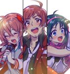  1boy 2girls ahoge black_hair blue_eyes commentary_request facial_hair goatee idol idol_clothes idolmaster idolmaster_cinderella_girls idolmaster_shiny_colors idolmaster_side-m komiya_kaho long_hair multiple_girls music nanjou_hikaru red_hair shir0t0m singing smile starting_brighty sweat tendou_teru trait_connection 