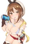  1girl atelier_(series) atelier_ryza belt breasts brown_belt brown_eyes brown_gloves brown_hair brown_legwear can collarbone drink drinking_straw gloves hair_ornament hairclip hat highres holding holding_can jewelry large_breasts necklace red_shorts reisalin_stout short_hair short_shorts shorts simple_background single_glove smile solo sssemiii star star_necklace thighhighs white_background white_headwear white_legwear 