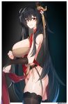  1girl ahoge azur_lane bangs bare_shoulders black_hair black_legwear blush breasts bridal_gauntlets china_dress chinese_clothes cleavage_cutout cowboy_shot crossed_bangs dress dress_lift hair_between_eyes hair_ornament highres large_breasts long_hair looking_at_viewer no_panties parted_lips pubic_hair red_dress red_eyes smile solo taihou_(azur_lane) taihou_(phoenix&#039;s_spring_song)_(azur_lane) thighhighs tilt-shift very_long_hair 