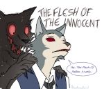  atwotonedbird beastars black_nose canid canine canis colored demon duo edit english_text legoshi_(beastars) mammal open_mouth red_eyes red_teeth signature simple_background teeth text wolf 
