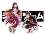 1boy 1girl adapted_costume black_hair brown_hair clothes_around_waist collar commentary commentary_request contemporary earrings forehead full_body hair_ribbon halter_top halterneck jewelry kamado_nezuko kamado_tanjirou kimetsu_no_yaiba long_hair multicolored_hair nike orange_hair orange_ribbon orange_sekaii pants pink_eyes product_placement red_hair ribbon shoes sneakers supreme two-tone_hair very_long_hair 
