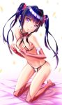  1000 1girl bare_shoulders bikini black_hair blush breasts elbow_gloves full_body gloves groin hair_ornament hair_ribbon highres long_hair looking_at_viewer micro_bikini navel open_mouth pink_bikini_top pink_gloves pink_legwear red_eyes ribbon senki_zesshou_symphogear shiny shiny_hair simple_background small_breasts solo swimsuit swimwear teeth thighhighs tongue tsukuyomi_shirabe twintails upper_teeth white_background white_bikini_bottom 