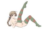  1girl ahoge blue_eyes blush braided_ponytail breasts brown_hair closed_mouth highres large_breasts legs_up long_hair looking_at_viewer looking_to_the_side lynette_bishop monousa nipples nude ponytail pussy shiny shiny_hair shiny_skin simple_background smile solo strike_witches striped striped_legwear thighhighs white_background world_witches_series 