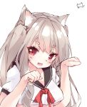  1girl :d animal_ear_fluff animal_ears azur_lane black_sailor_collar blush bow breasts brown_hair crop_top crop_top_overhang fang hamaru_(s5625t) hands_up long_hair looking_at_viewer medium_breasts open_mouth paw_pose puffy_short_sleeves puffy_sleeves red_bow red_eyes sailor_collar school_uniform serafuku shirt short_eyebrows short_sleeves signature simple_background smile solo thick_eyebrows two_side_up underboob upper_body white_background white_shirt wolf_ears yuudachi_(azur_lane) 