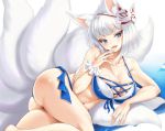  animal_ears anthropomorphism ass azur_lane bikini blue_eyes breasts cleavage cropped foxgirl kaga_(azur_lane) kure_masahiro multiple_tails short_hair swimsuit tail white_hair 