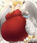  2020 anthro belly big_belly big_breasts biped blonde_hair breasts claws clothing dragon dress fangs female hair hi_res leonkatlovre my_hero_academia pregnant scalie solo tatsuma_ryuko wings 