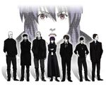  6+boys bald batou black_hair boma_(ghost_in_the_shell) brown_hair coat crossed_arms everyone formal ghost_in_the_shell ghost_in_the_shell_stand_alone_complex grey_hair hand_in_pocket hands_in_pockets hands_on_hips hat head_tilt ishikawa jacket jewelry kusanagi_motoko lineup looking_away looking_down multiple_boys necklace necktie no_eyes open_mouth paz purple_hair red_eyes saito shadow short_hair sjw_kazuya standing suit sweater togusa 