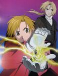  alchemy alphonse_elric artist_request blonde_hair brown_eyes coat conqueror_of_shambala edward_elric fullmetal_alchemist gloves long_hair male_focus multiple_boys official_art ponytail scan smile transmutation 