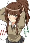  adjusting_hair amagami blush brown_eyes brown_hair kamizaki_risa long_hair ponytail school_uniform shouji_nigou solo spoken_blush translated tying 