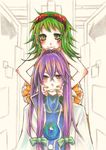  1girl :3 bad_id bad_pixiv_id blush couple goggles goggles_on_head green_hair gumi hetero kamui_gakupo kaze_yaku long_hair purple_hair traditional_media vocaloid 