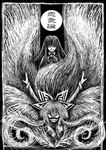  aouji bow fire fujiwara_no_mokou greyscale hair_bow houraisan_kaguya long_hair monochrome multiple_girls touhou wings 