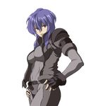  blue_hair bodysuit breasts fingerless_gloves ghost_in_the_shell ghost_in_the_shell_stand_alone_complex gloves grey_bodysuit hands_on_hips jacket kusanagi_motoko large_breasts nasunasunasubi red_eyes simple_background solo 