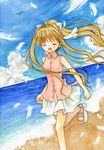  air beach blonde_hair casual closed_eyes day feathers hinokami_sakura kamio_misuzu long_hair ponytail sandals solo 