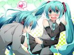  1girl animal_ears aqua_eyes aqua_hair blush detached_sleeves dual_persona genderswap genderswap_(ftm) grin hatsune_miku hatsune_mikuo kemonomimi_mode long_hair mouth_hold necktie skirt smile tamaoka_kagari thighhighs twintails very_long_hair vocaloid 