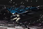  black_rock_shooter black_rock_shooter_(character) blue_eyes blue_hair boots burning_eye chain highres jacket long_hair midriff shorts solo sword tani_takeshi twintails uneven_twintails very_long_hair weapon 