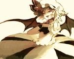  bat_wings face foreshortening hand_on_own_chest hands hat monochrome open_mouth outstretched_arm outstretched_hand remilia_scarlet sepia short_hair solo sugi touhou wings 
