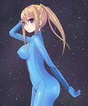  blonde_hair blue_eyes bodysuit breasts hinuki_marina large_breasts metroid ponytail samus_aran solo zero_suit 