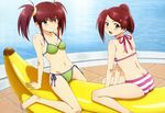  absurdres barefoot bikini blush breasts cleavage feet highres kiss_x_sis multiple_girls navel nyantype on_banana open_mouth satou_motoaki siblings side-tie_bikini small_breasts smile striped striped_bikini suminoe_ako suminoe_riko swimsuit twintails yellow_eyes 