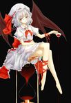  alternate_hair_color arm_ribbon bad_id bad_pixiv_id bare_legs barefoot bespectacled cup feet glasses hourglass leg_ribbon mayoln red_eyes remilia_scarlet ribbon silver_hair sitting sitting_on_object solo spill teacup touhou 