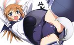  absurdres animal_ears arms_behind_head blue_eyes blush breasts bunny_ears charlotte_e_yeager cosplay detexted dutch_angle highres kurashima_tomoyasu large_breasts long_hair miyafuji_yoshika miyafuji_yoshika_(cosplay) non-web_source object_on_head one-piece_swimsuit open_mouth orange_hair panties panties_on_head school_swimsuit school_uniform serafuku silhouette_demon solo strike_witches striker_unit swimsuit swimsuit_under_clothes tail thighhighs third-party_edit underwear vector_trace wardrobe_error world_witches_series 