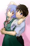  1girl arm_around_neck ayanami_rei blue_eyes blue_hair blush brown_hair couple derivative_work hands_clasped hetero highres hug hug_from_behind ikari_shinji looking_up neon_genesis_evangelion own_hands_together red_eyes ribbon school_uniform short_hair smile tententensan 