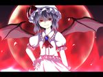  bat_wings blue_hair dress fang frills full_moon glowing glowing_eyes grin hand_on_hip hat kuroma_(no_plan) letterboxed moon red_eyes red_moon remilia_scarlet ribbon short_hair smile solo touhou wings wrist_cuffs 