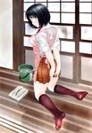  absurdres apron black_hair black_legwear blush bucket covering covering_ass feet highres kneeling kobayashi_hiyoko looking_back non-web_source official_art oku-sama_wa_joshi_kousei onohara_asami school_uniform short_hair socks solo 