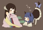  2girls animal_ears bad_id bad_pixiv_id bangs black_hair blue_hair cat_ears cat_tail dress featherine_augustus_aurora frederica_bernkastel frills lolita_fashion long_hair medal multiple_girls ribbon smile sweatdrop tail umineko_no_naku_koro_ni 