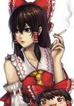  bad_id bad_pixiv_id bow brown_hair cigarette detached_sleeves eyelashes face hair_bow hair_tubes hakurei_reimu lieqi_hun lips red_eyes short_hair smoking solo touhou yukkuri_shiteitte_ne 