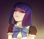  blue_hair crossed_arms frederica_bernkastel glowing glowing_eyes looking_down purple_eyes ribbon smirk solo takizaking umineko_no_naku_koro_ni 