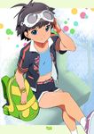  backpack bad_id bad_pixiv_id bag belt black_hair blue_eyes bookbag casual goggles goggles_on_head idolmaster idolmaster_(classic) kawasaki_kazuhiko kikuchi_makoto short_hair shorts sitting smile solo watch wristwatch 